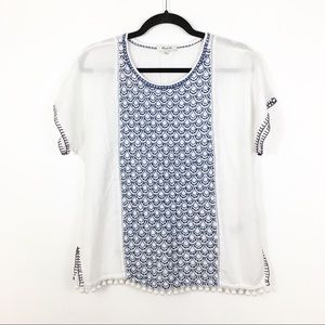 MADEWELL Embroidered Pom Pom Smock Peasant Top M